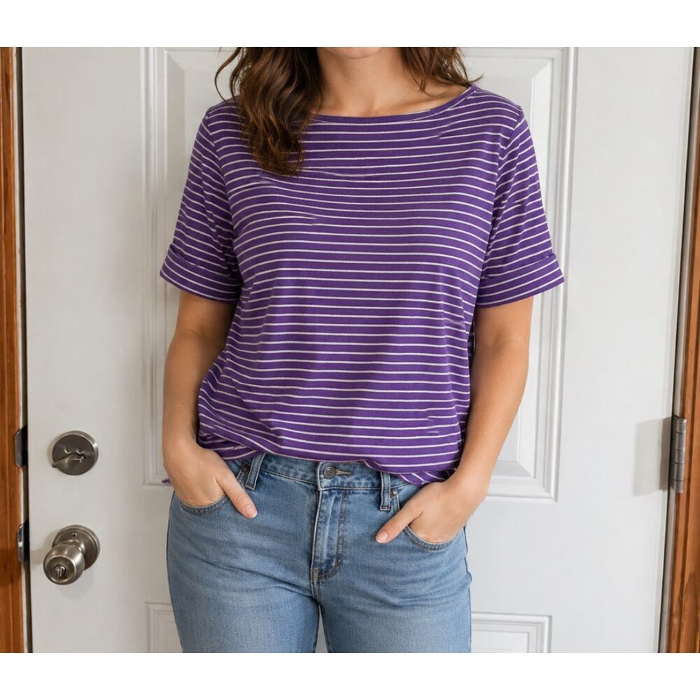 Lauren Ralph Lauren purple and white striped boatneck top size large